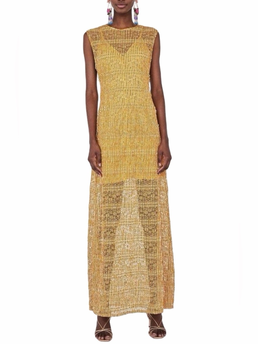 ZARA Yellow Black White Sleeveless Elastic Stretch Fitted Maxi Dress Size Medium